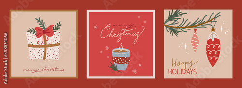 Set of christmas and new year cards with hand drawn illustrations of christmas symbols in retro style