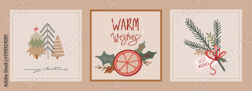 Set of christmas and new year cards with hand drawn illustrations of christmas symbols in retro style