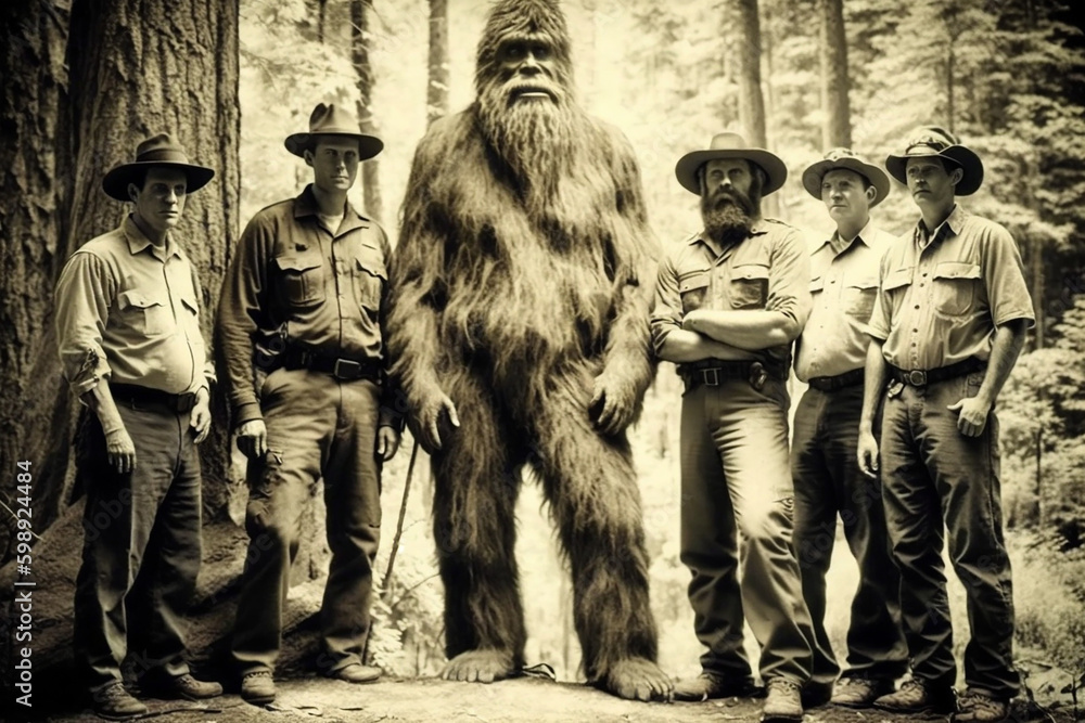 Aged historical photograph with a group of US Forest Rangers and a Sasquatch. Generative AI illustration - obrazy, fototapety, plakaty 