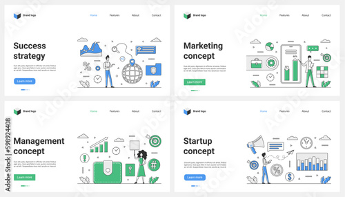 Success marketing strategy, startup management set vector illustration. Cartoon tiny people work with business report presentation on mobile phone screen, dashboard with profit growth research