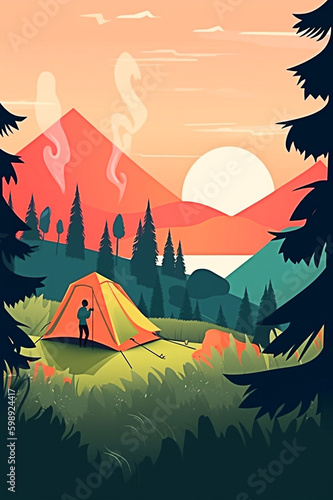 Camping in the mountains illustration in a flat style. Generative AI