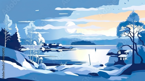A painting of a winter scene with a lake. AI generative. Sweden in winter Sweden in winter