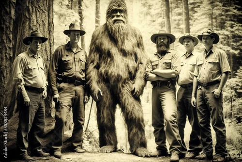 Aged historical photograph with a group of Forest Rangers and a Sasquatch. Conceptual image. photo