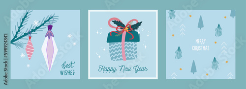 Trendy set of christmas and new year cards with hand drawn illustrations of christmas symbols