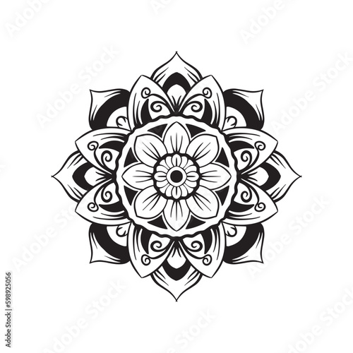 A black and white mandala with a flower design on it.