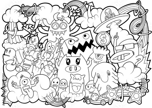 Hand-drawn illustrations  monsters doodle  Hand Drawn cartoon monster illustration Cartoon crowd doodle hand-drawn Doodle style.black and white stripes coloring  book.