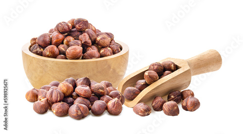 hazelnuts in wood scoop  on transparent png photo