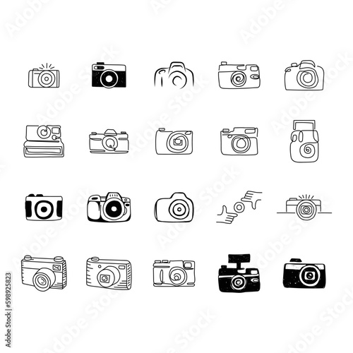 Photo camera doodle set. Collection of hand drawn various photo camera equipment for photographers work isolated on white background