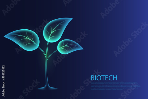 Biotechnology concept. Green growing plant sprout. Plant hologram on blue background. vector illustration.