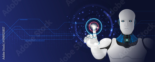 The robot touches virtual user interface. Artificial Intelligence(AI) digital futuristic technology background. Machine learning technology concept.