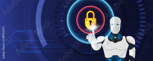 AI robot pressing padlock on technology background. Artificial intelligence AI, machine learning concept. Protection data security concept.