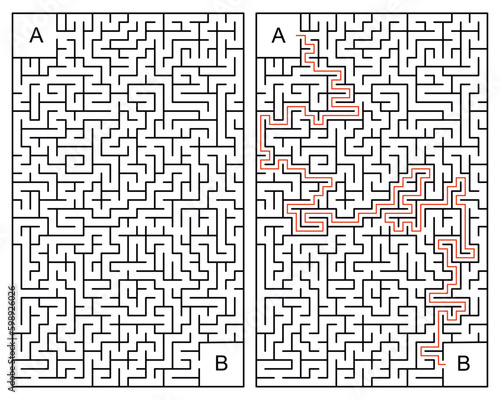 Vertical Monochrome Vector Maze Illustration: Navigate Your Way from Point A to Point B in a Rectangular Labyrinth
