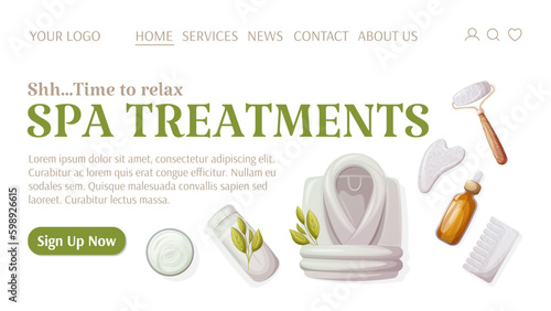 Spa treatments template for website. Gua sha tools, oil serum, bathrobe, rolled towel, cream. Health and beauty. Time to relax. Vector illustration. For banner, poster, advertising.