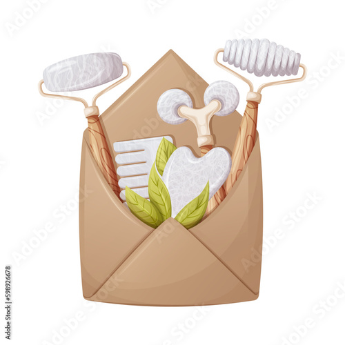 Envelope with gua sha massage tools. Scraper, rollers, comb made of natural stones, white agate, rose quartz. Green leaves. Health and beauty, face and skin care. Vector illustration