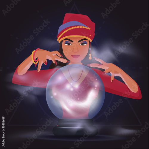 Gypsy fortune teller with magic crystal ball vector illustration. Cartoon girl oracle character telling of destiny and fate from magicians orb with aura and smoke light effect on dark background