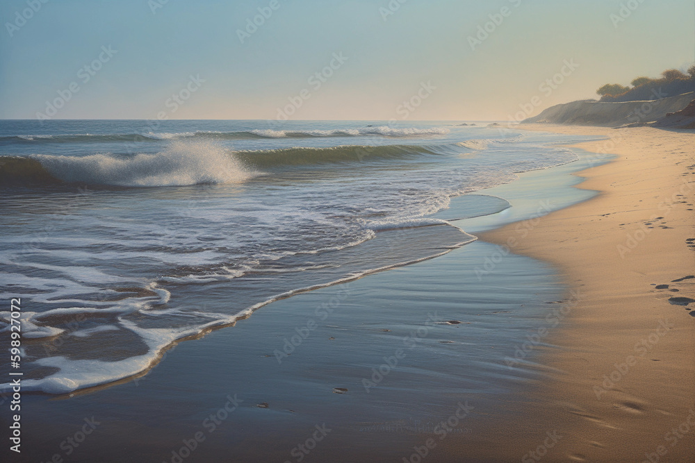 Tropical beach in spring and summer watercolor illustration golden sunset with sand and waves made with Generative AI
