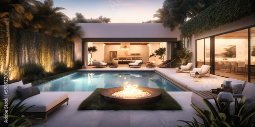 An elegant outdoor living space featuring a pool and lounge area, showcasing a sophisticated design and comfortable ambiance