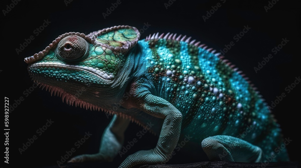 Fototapeta premium Camouflage in the Dark: A Fascinating Illustration of a Colorful Chameleon Generated by AI
