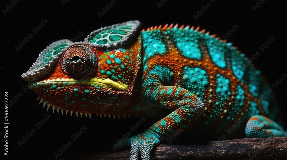 Obraz premium Colorful Chameleon on a Black Background: AI-Generated Illustration