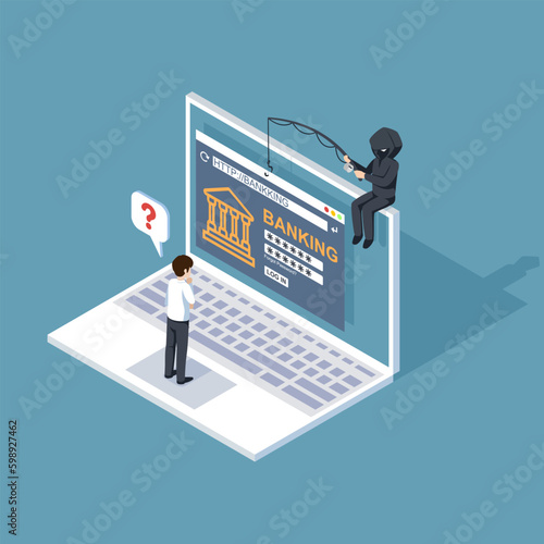 Phishing by email. hacker attacks a Laptop with a fake website. fraud scam and steal private data on devices. vector illustration isometric flat design for cyber security awareness concept.
