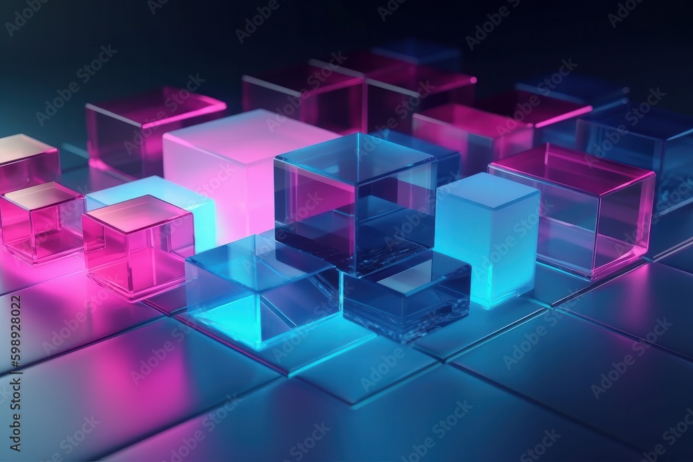 3d rendering of abstract cubes in blue and pink light on dark background, generative Ai 3d rendering of abstract cubes in blue and pink light on dark background, generative Ai