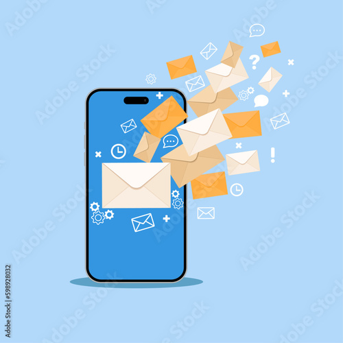 Email marketing design and promotion illustration with smartphone and letters on blue background. Vector mobile app.