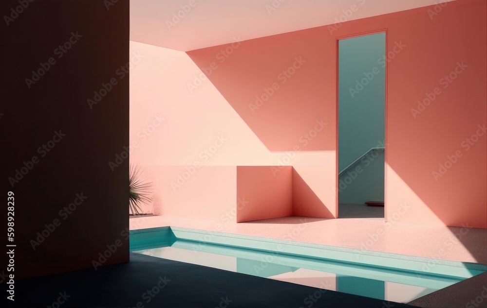 Interior of a modern room with a swimming pool. 3d rendering, generative Ai Interior of a modern room with a swimming pool. 3d rendering, generative Ai