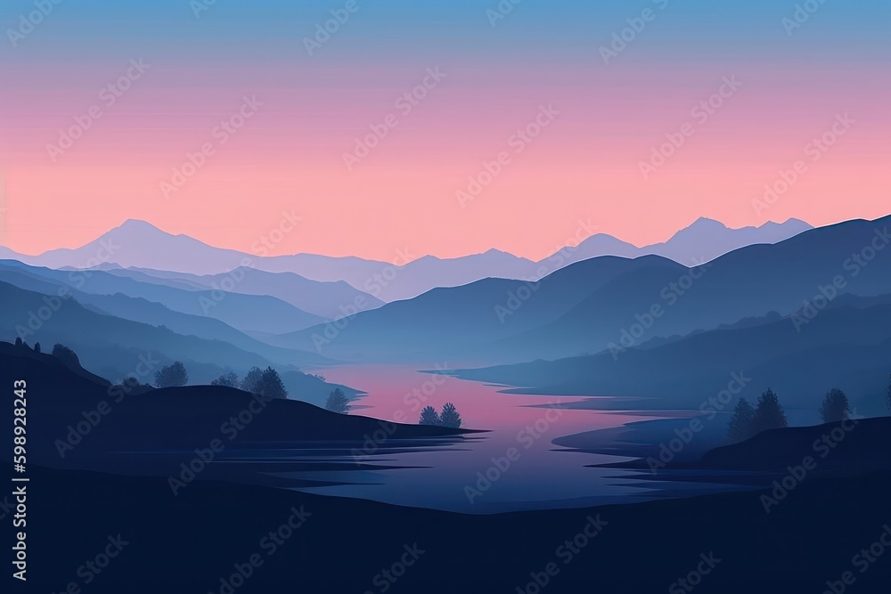 Foggy landscape with lake and mountains at dawn. Vector illustration, generative Ai
