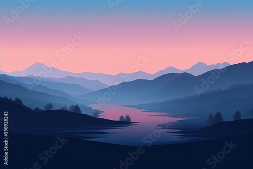 Foggy landscape with lake and mountains at dawn. Vector illustration  generative Ai