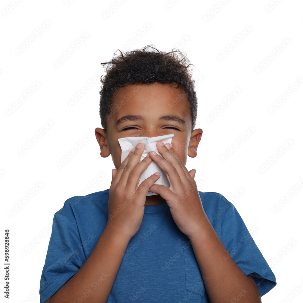African-American boy blowing nose in tissue on white background. Cold symptoms African-American boy blowing nose in tissue on white background. Cold symptoms