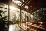 A sun shines through the windows of a living room. AI generative image, junglecore style interior illustration