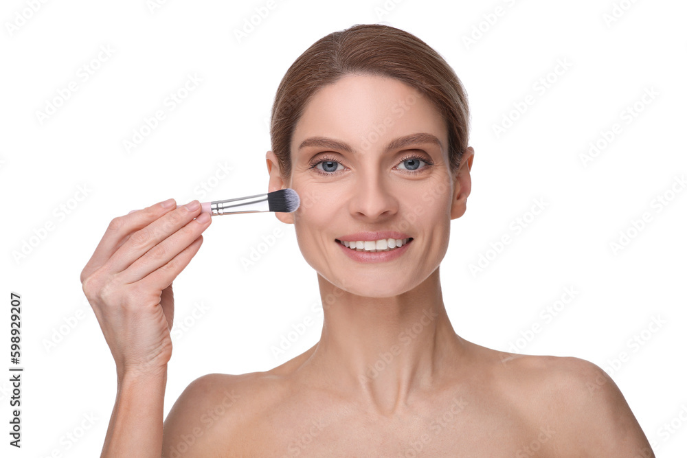 Woman with makeup brush on white background Woman with makeup brush on white background