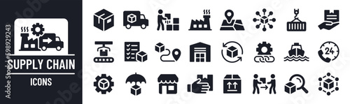 Supply chain icon set. Shipping, logistics, delivery, product, distribution, factory, warehouse, box, industry and shipment icons. Solid icon collection.