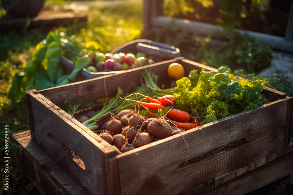 Freshly grown by nature. A crate full of fresh produce vegetables from farm. Ai generative Freshly grown by nature. A crate full of fresh produce vegetables from farm. Ai generative