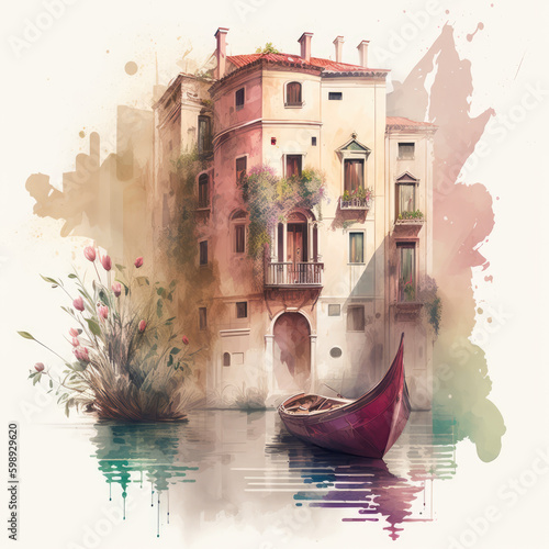 Watercolor house. Venetian house and boat. Old italian building, Venice, lagoon, boat. Generative ai illustration in watercolor style. Cute summer house	