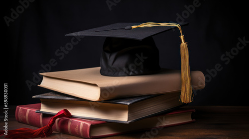 cahier et livres d’étudiant avec un chapeau de lauréat posé dessus
 photo