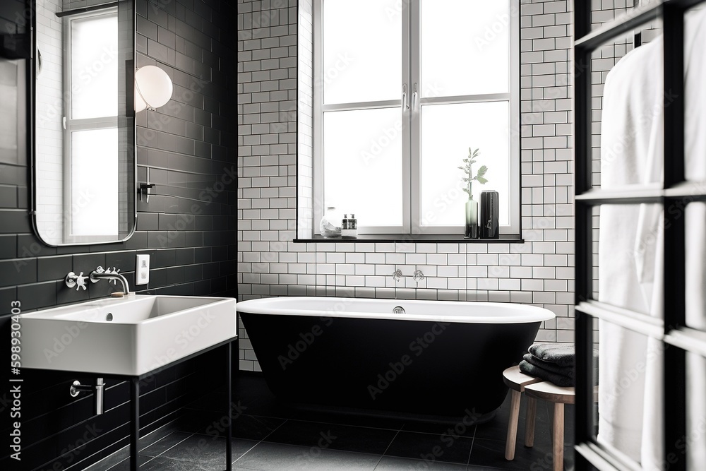 Blank horizontal poster frame mock up in minimal style bath room interior, modern bath room interior background Blank horizontal poster frame mock up in minimal style bath room interior, modern bath room interior background