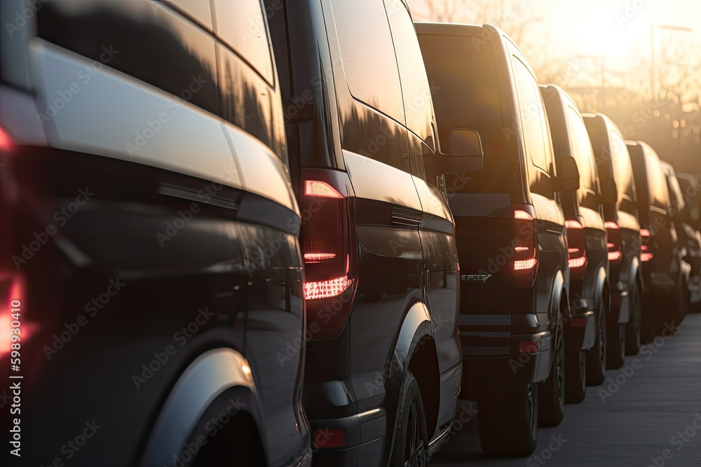 Close-up detail tail light view of many modern luxury black vans parked in row at car sale rental leasing dealer against sunset created with Generative AI technology - obrazy, fototapety, plakaty 