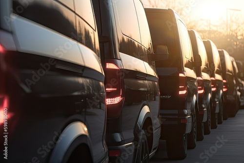 Photo Close-up detail tail light view of many modern luxury black vans parked in row at car sale rental leasing dealer against sunset