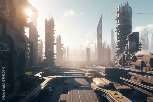 A futuristic cityscape with advanced transportation and logistics technology  Generative AI
