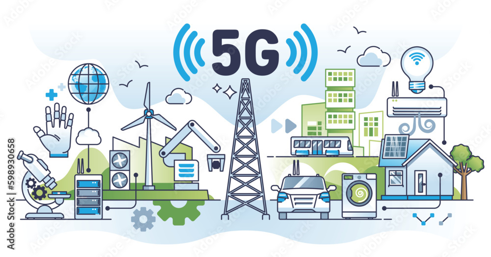 5G connectivity for urban IOT signal network streaming outline concept. Technology with fifth generation internet from high speed cellular tower vector illustration. Modern data download Generative AI