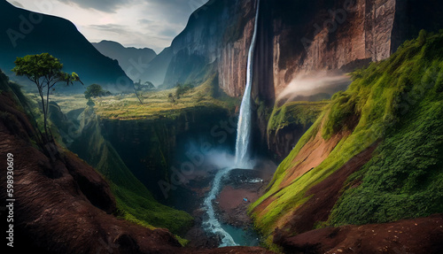 A majestic dramatic mountain scene with beautiful waterfall. Fish eye  wide angle and aerial photography for background or backdrops wallpaper. Generative AI.