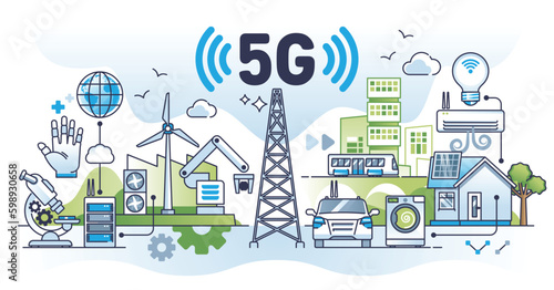 5G connectivity for urban IOT signal network streaming outline concept. Technology with fifth generation internet from high speed cellular tower vector illustration. Modern data download Generative AI