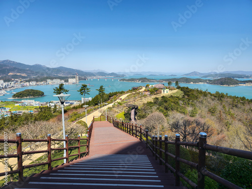 The sea seen from the wooden deck stairs