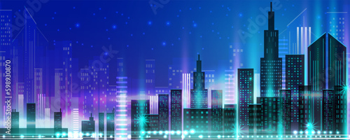 Abstract background image  night city concept with neon lights and bright colors  architecture  skyscrapers  metropolis  buildings  downtown