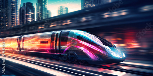 A futuristic train racing through a busy city, showcasing a powerful and luxurious design