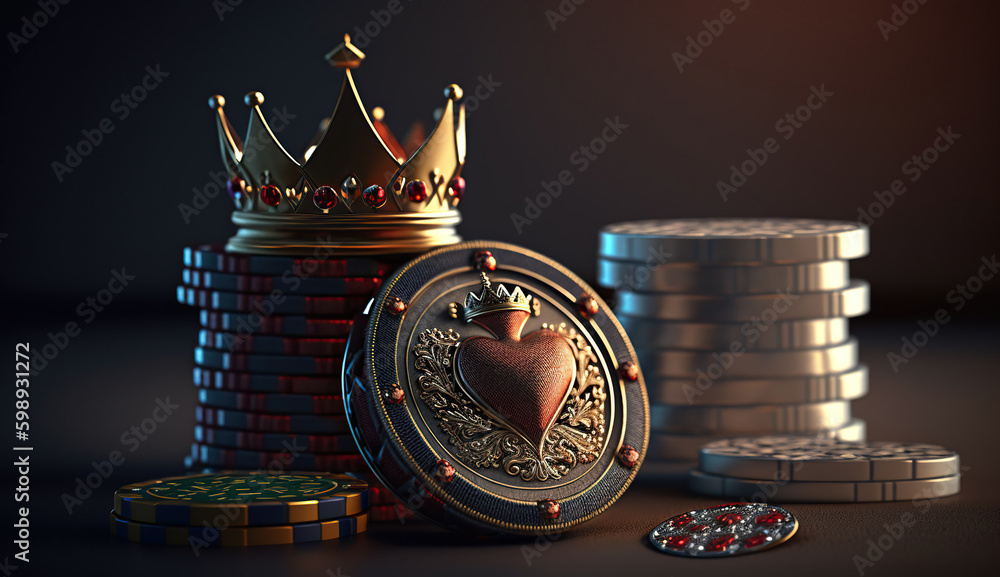 King Crown and Poker Chips on dark background. Casino gambling banner advertising an exclusive V.I.P. poker game tournament. Generative Ai - obrazy, fototapety, plakaty 