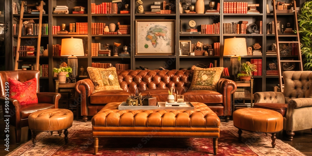 A grand bookshelf tower over a cozy seating area, filled with plush armchairs and warm textures A grand bookshelf tower over a cozy seating area, filled with plush armchairs and warm textures