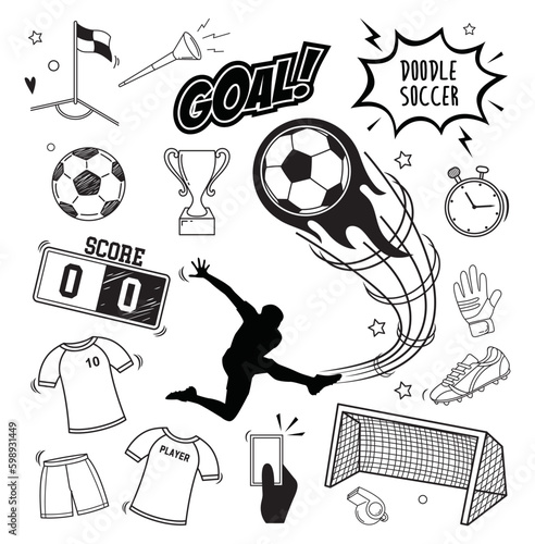 Doodle vector set: Soccer sport equipment and objects such as soccer ball, jersey, goal, globe, corner,etc
