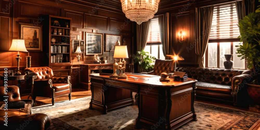 A luxurious and elegant home office with high-end furniture and decor, featuring a large mahogany desk and a stunning crystal chandelier A luxurious and elegant home office with high-end furniture and decor, featuring a large mahogany desk and a stunning crystal chandelier